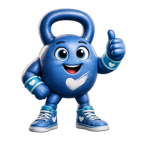 Rex, the CommitFit mascot — a friendly blue kettlebell character