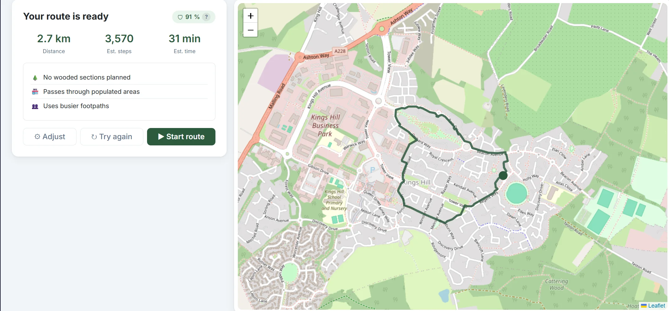 Safe Route planner showing a generated 2.7km walking loop with a 91% safety score through Kings Hill